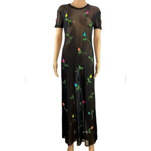 Vivienne Tam Maxi Dress Appliqué Mesh Vintage 1990s Floral Embroidery Women's S